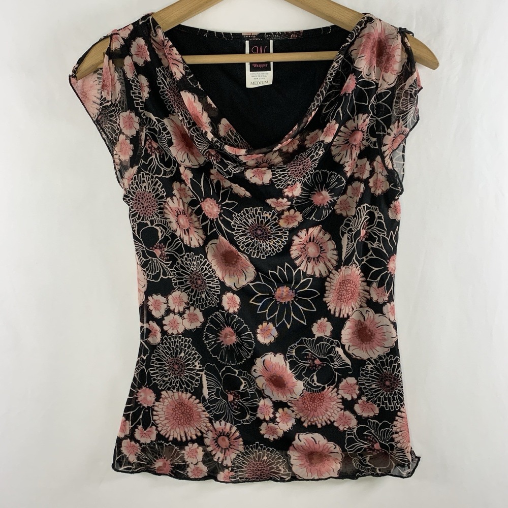 VTG Y2K Womens Dark Floral Mesh Cowl Neck Top S/M Fairy Grunge Romantic Flutter